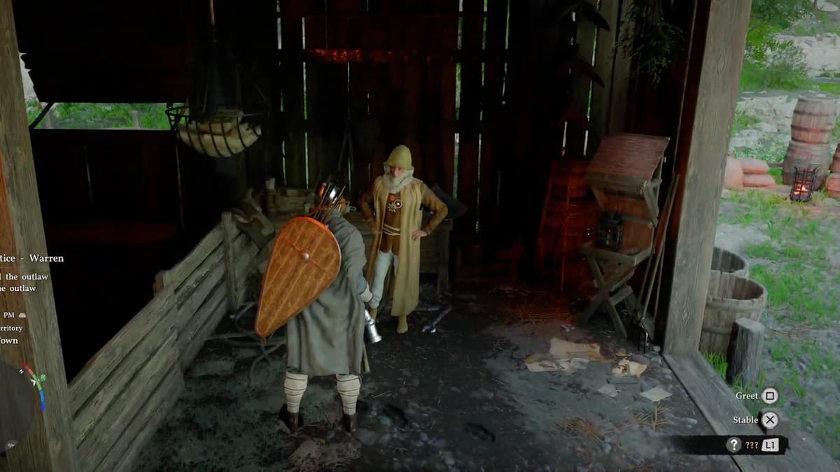 Crimson Desert stablemaster inside a Hernand stable with Greet and Stable prompts