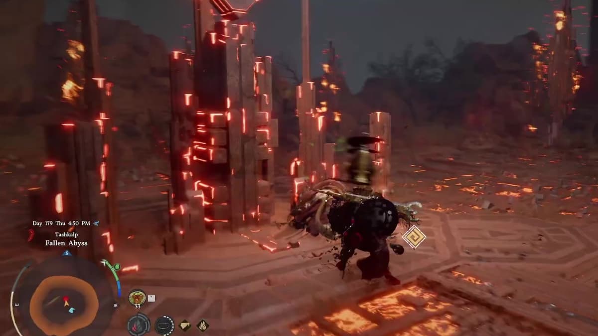 Praevus the Ancient in the glowing Fallen Abyss arena southwest of Tashkalp in Crimson Desert