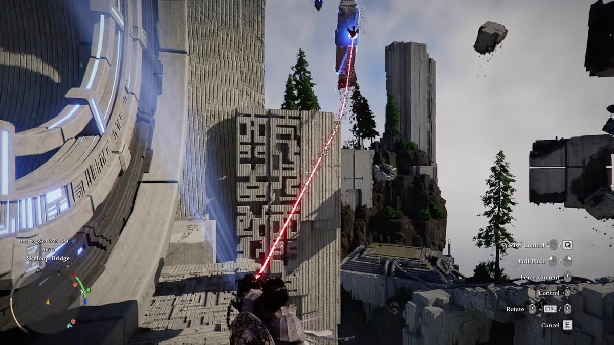 Using Axiom Force to drag a floating ring fragment across the void in Crimson Desert's Skyloop Bridge