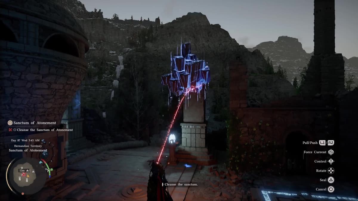 Using Axiom Force to align glowing pillar pieces on a Crimson Desert sanctum generator