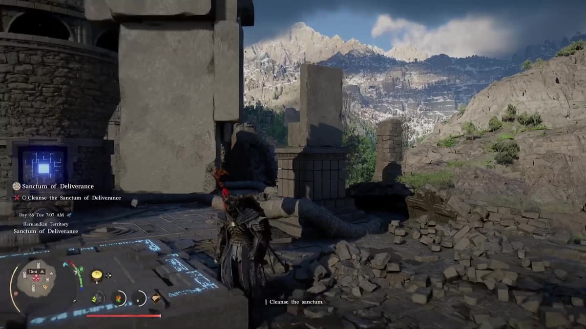 Blue power core on its pedestal at the Sanctum of Deliverance in Crimson Desert