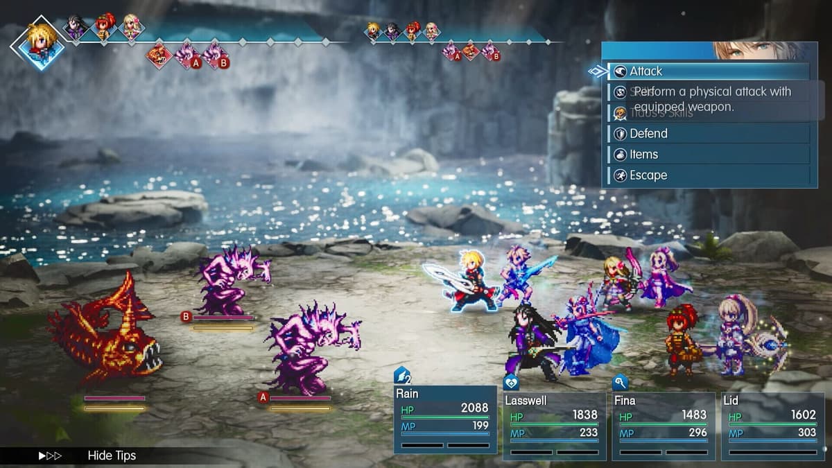 An HD-2D turn-based battle in Final Fantasy Resonance.
