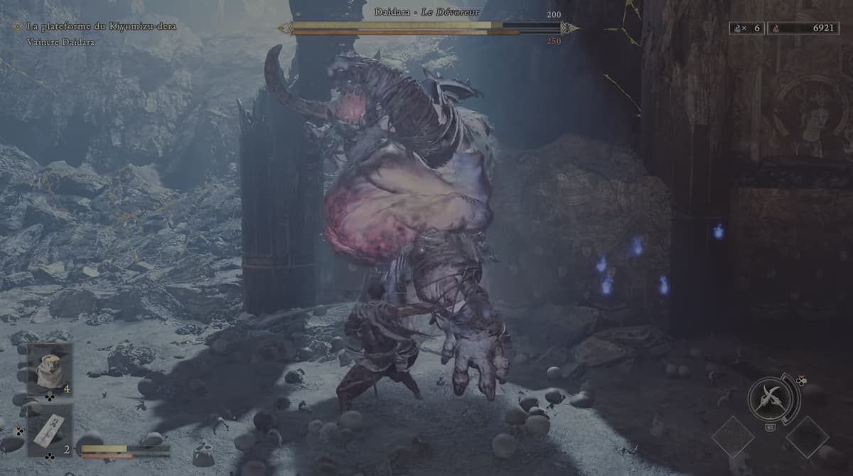 Blue souls on the ground during the Daidara fight in Onimusha: Way of the Sword