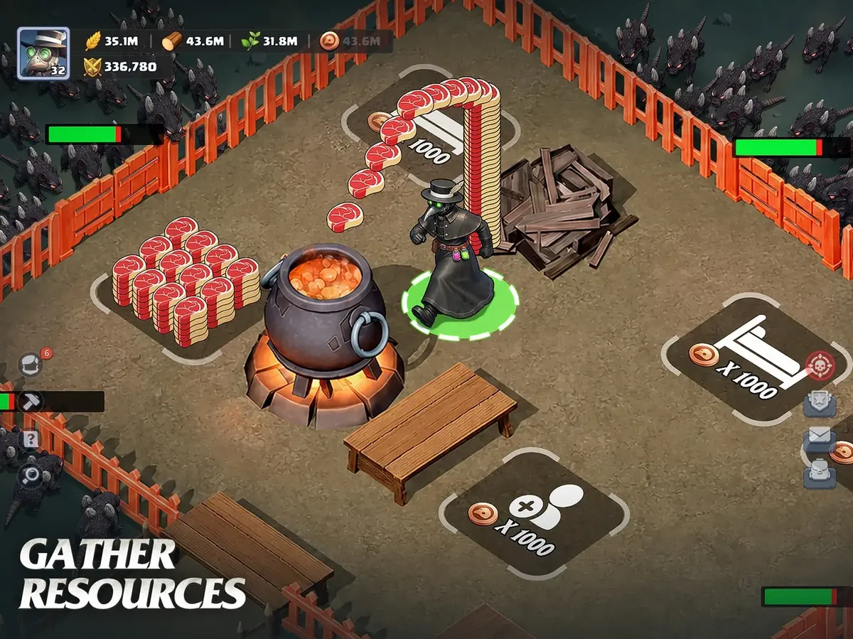 Last Asylum: Plague gameplay: the plague doctor gathering resources next to a cauldron