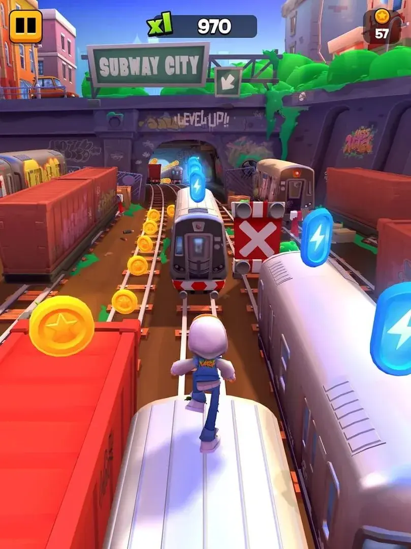 Subway Surfers City gameplay: running along the top of a train
