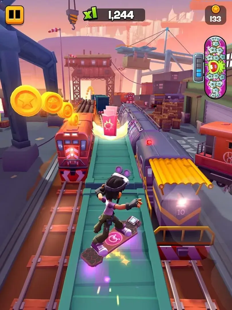 Subway Surfers City gameplay: a surfer riding a hoverboard between trains