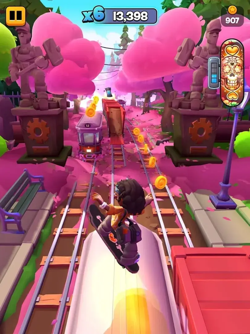 Subway Surfers City gameplay: a surfer jumping through a pink-blossom district with a board perk gauge