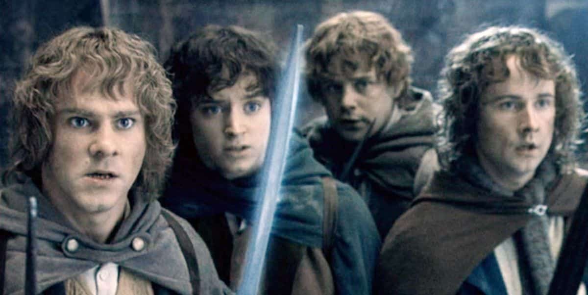 The four main hobbits in The Lord Of The Rings