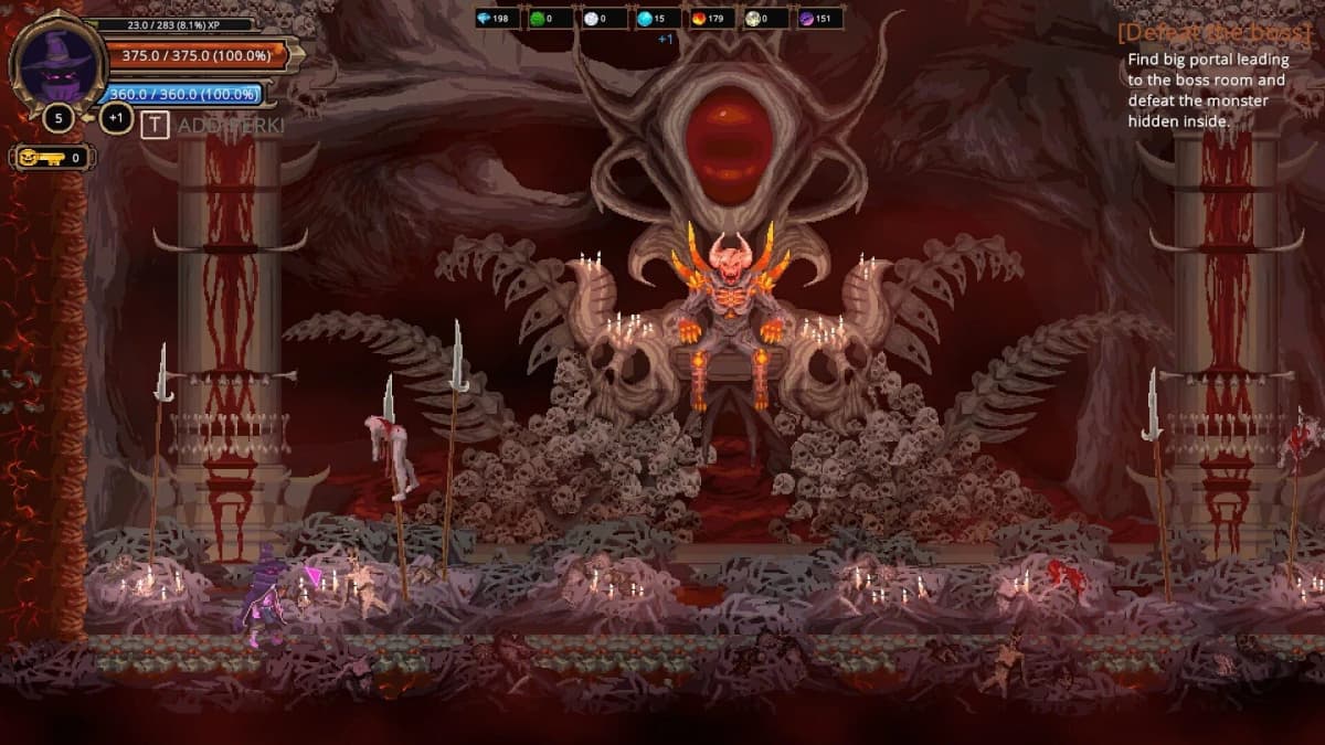 An Amazing Wizard boss battle - player dodging attacks from a large magical foe