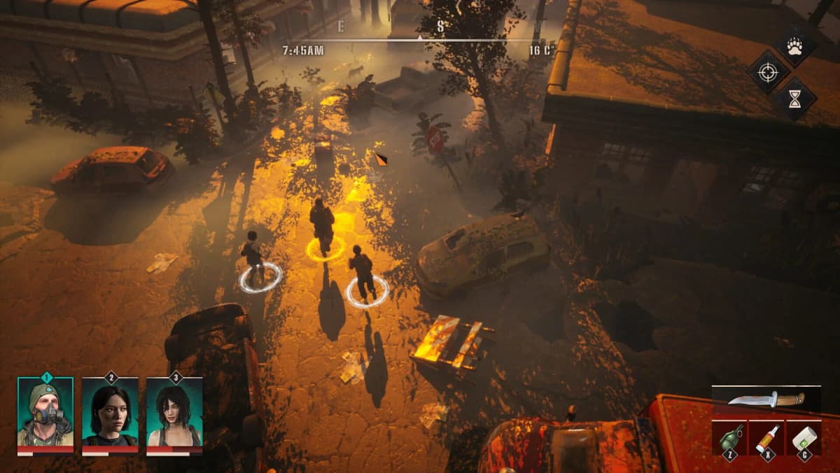 Survive the Fall - Stealthy squad approaching a ruined town at dusk