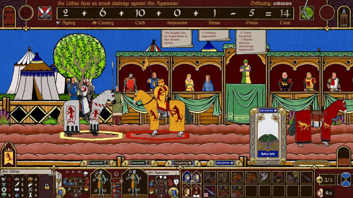 A screenshot of a branching dialogue scene with medieval manuscript-style visuals in Legends of the Round Table.