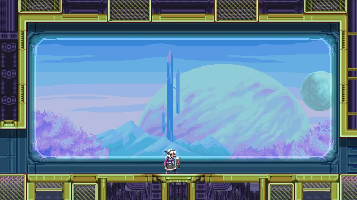 A tense boss encounter: the protagonist counters an imposing enemy with code effects swirling