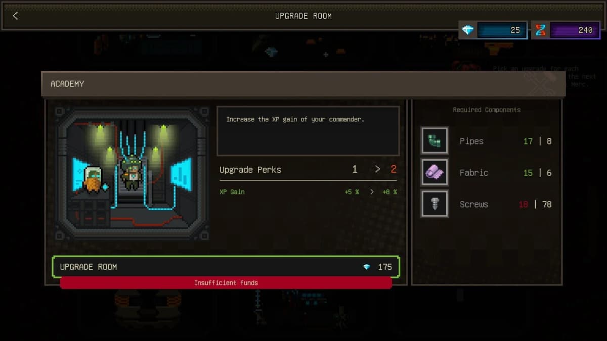Menu showing commander traits and mercenary upgrades in Survivor Mercs.