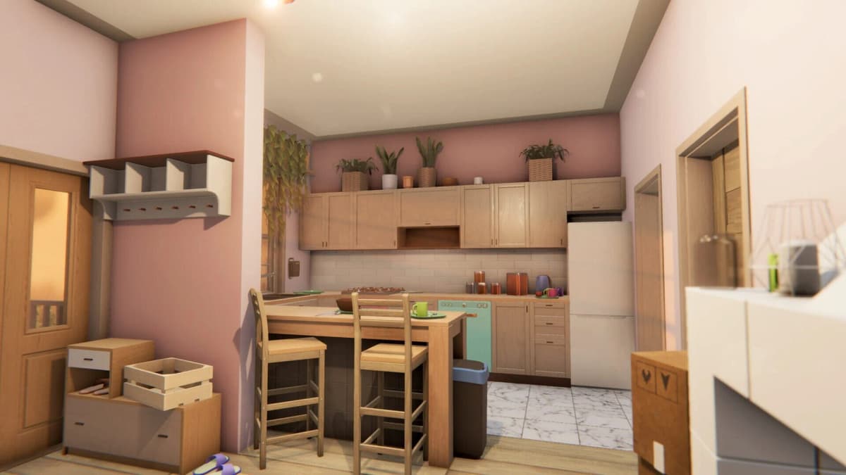 Four players celebrating a job well done in House Flipper 2’s co-op mode.