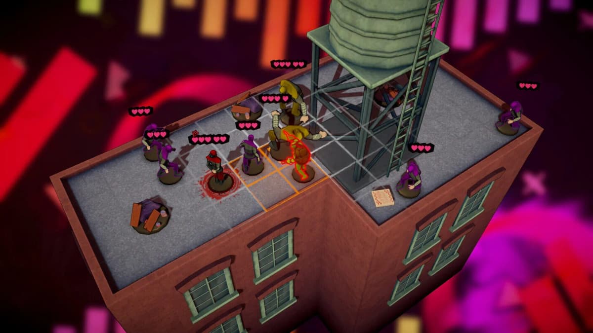 TMNT: Tactical Takedown shows the Turtles surrounded by varied enemies in a stylized environment.