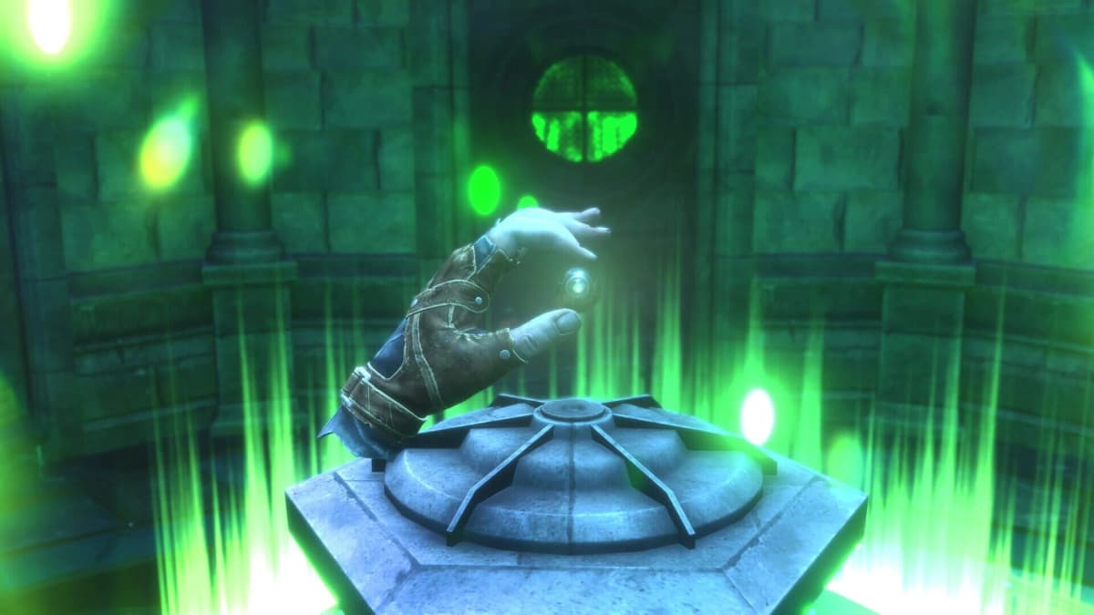 Player uses a water arrow to extinguish a torch, plunging a hallway into darkness.