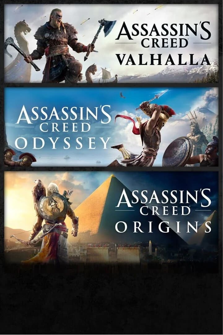 Cover art for Assassin's Creed Bundle: Assassin's Creed Valhalla, Assassin's Creed Odyssey, and Assassin's Creed Origins