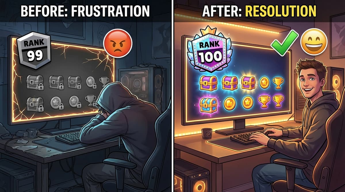 Before-and-after view of ranked rewards glitches and successful fixes.