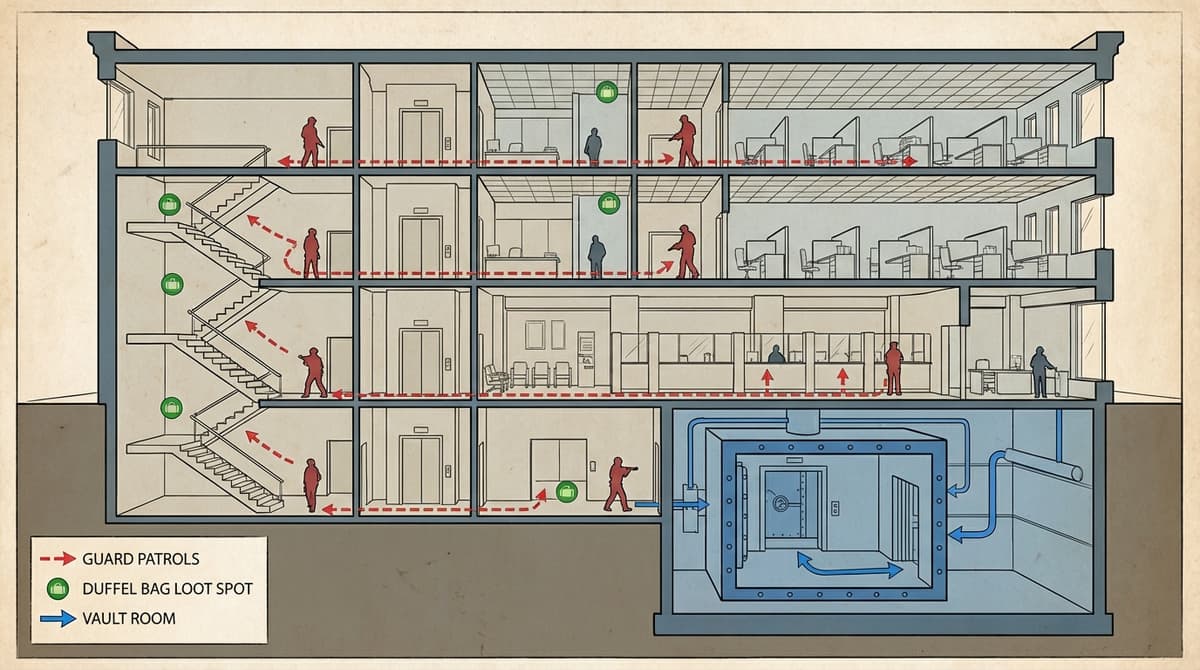 Diagram-style cutaway of a bank POI showing paths to the vault and loot spots.