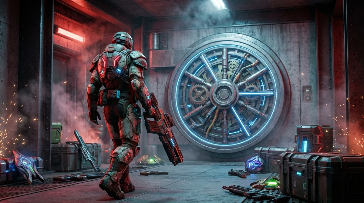 Illustration of a player about to open a high-tech underground vault door.