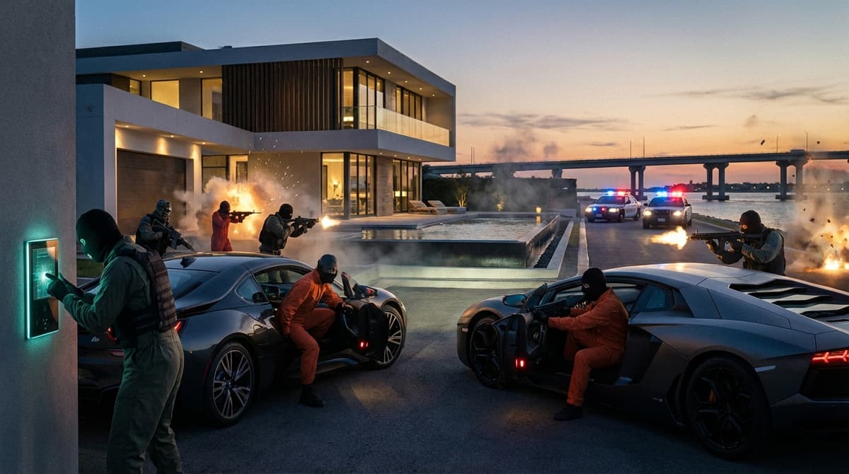 A multiplayer crew executing a high-stakes heist in a luxury waterfront district.
