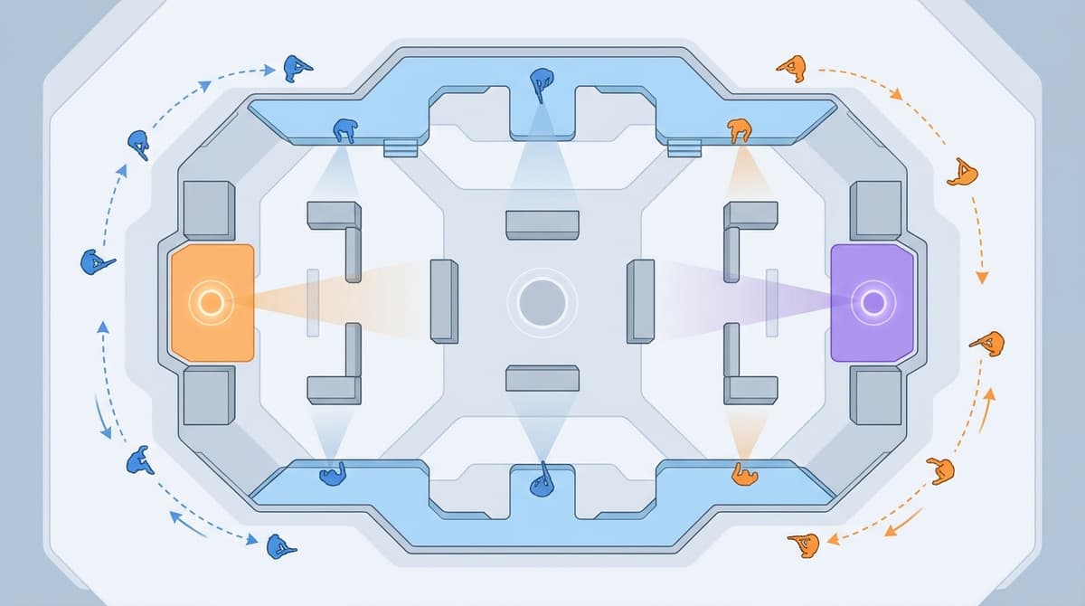 Tactical layout showing positioning and flanking routes in a PvP arena.