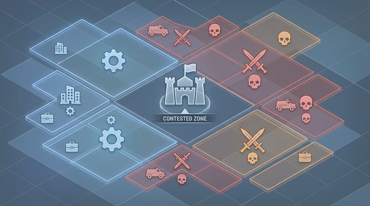 Isometric map illustration highlighting businesses, heist zones, and PvP hotspots.