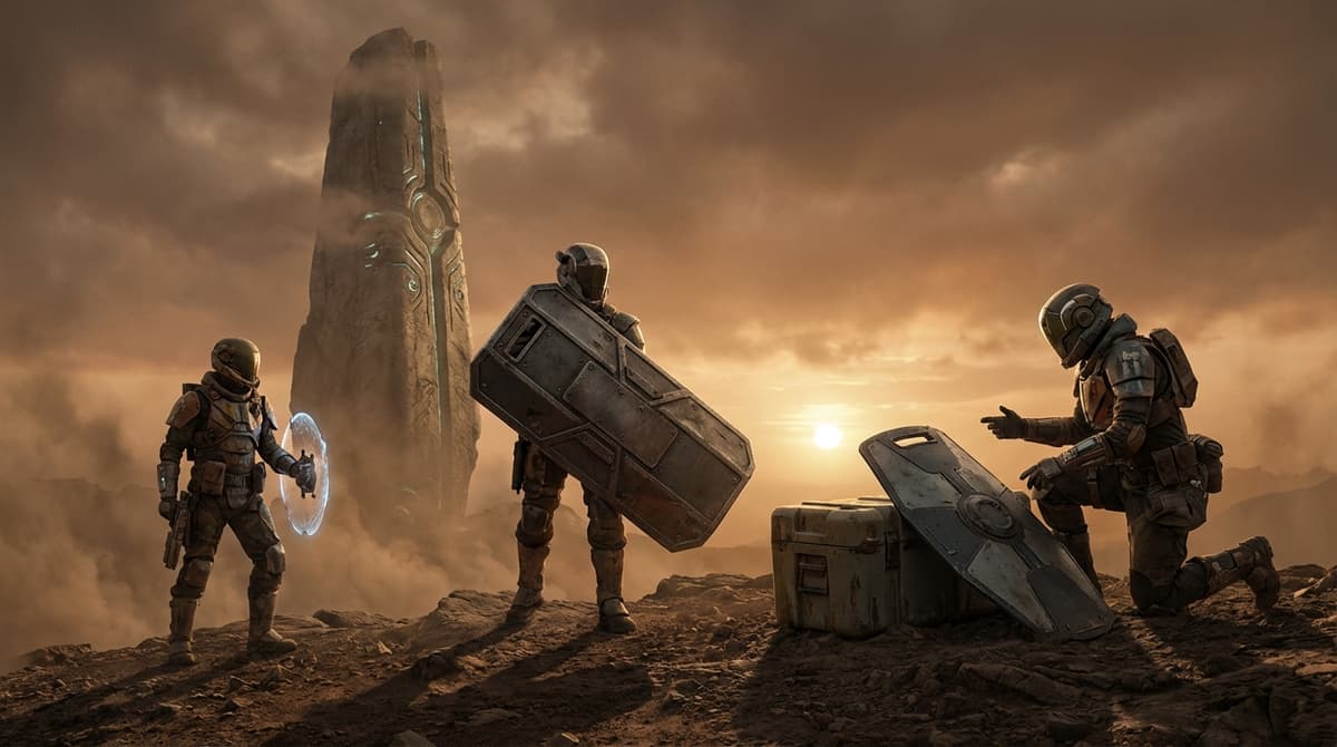 A squad of raiders comparing different shield sizes before deployment.