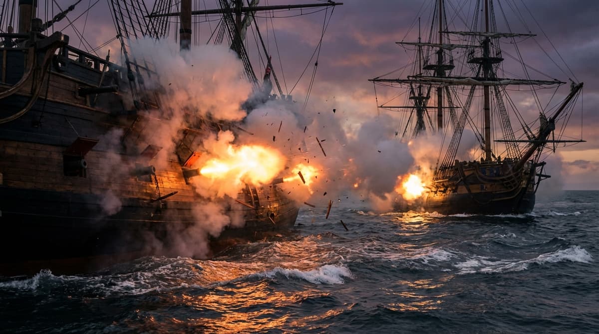 Large ships trading devastating broadsides in naval combat.