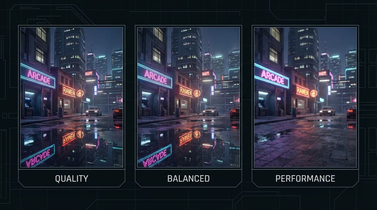 Illustration of visual tradeoffs between Quality, Balanced, and Performance upscaling modes.