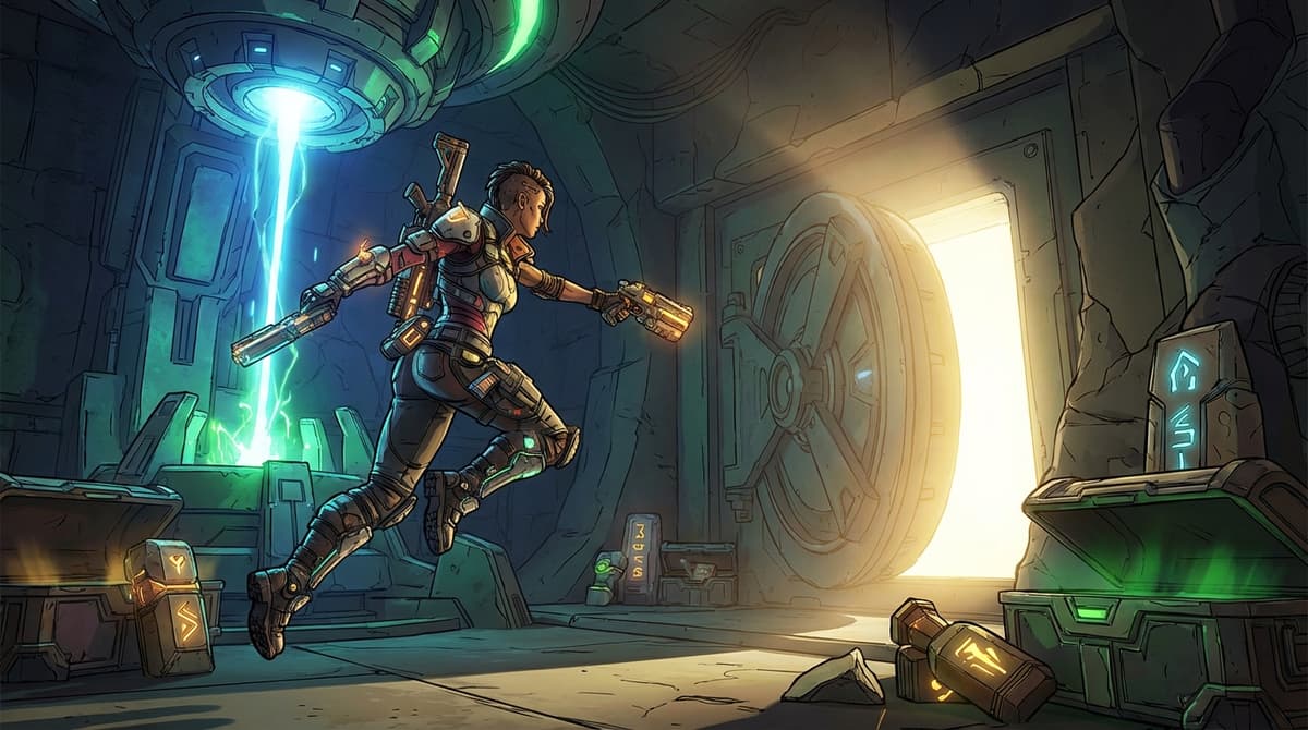 Illustration of a hidden vault interior filled with alien technology and loot.