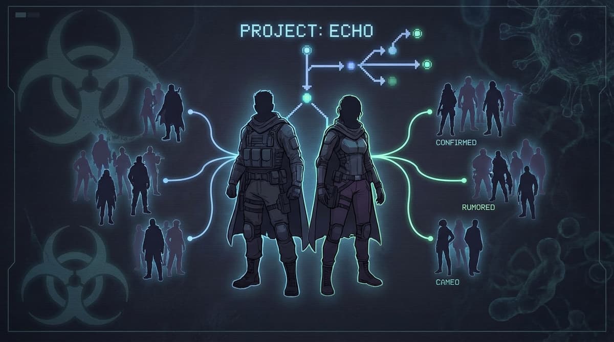 Lineup of confirmed and speculated characters in a dark, atmospheric style.