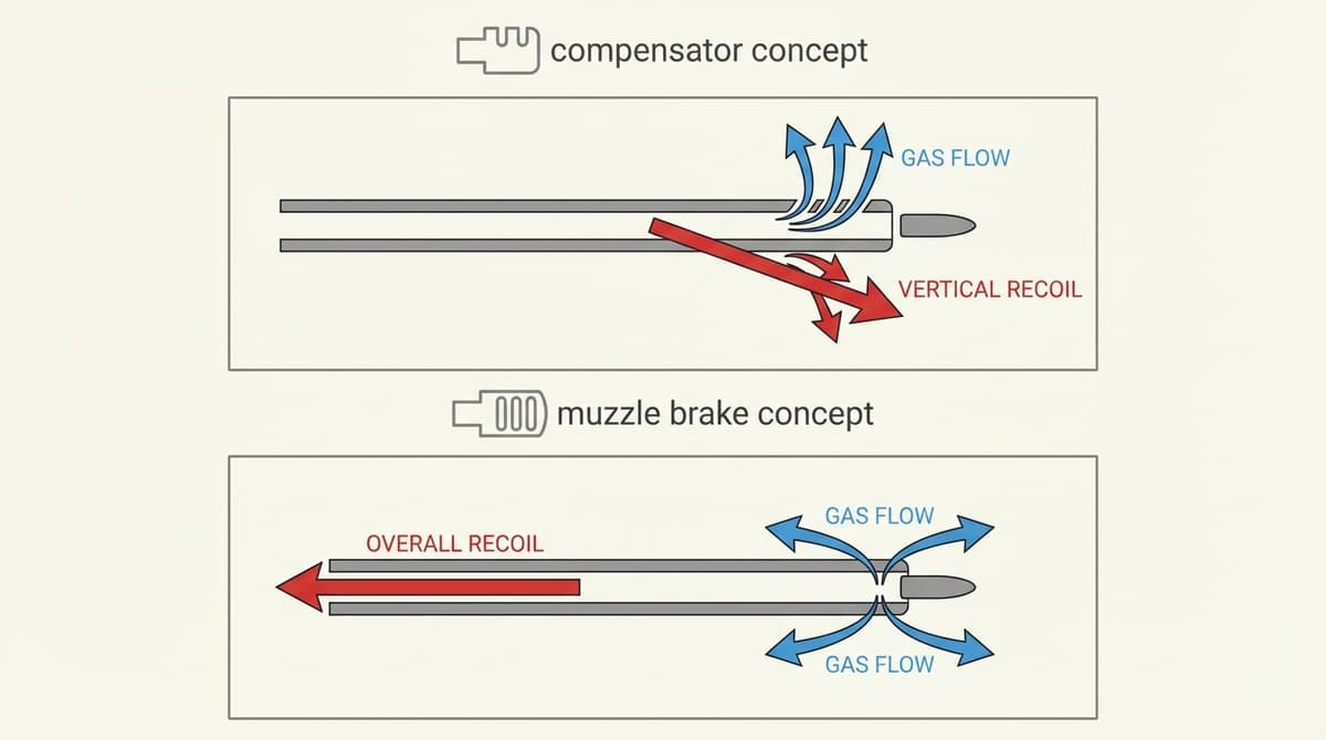Diagram of how compensators and muzzle brakes redirect gas and recoil.