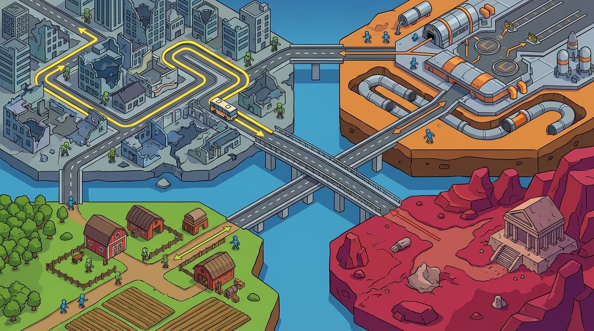 Stylized overview of different Zombies map types and layouts.