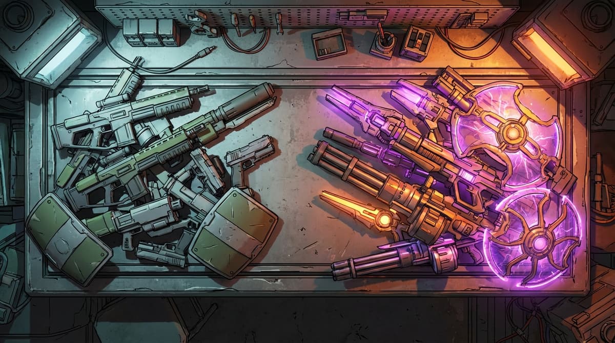 Visual metaphor of weapons organized into power tiers.