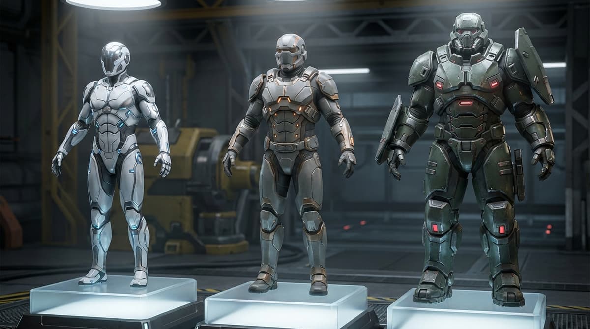 Comparative view of light, medium, and heavy armor archetypes for PvP.