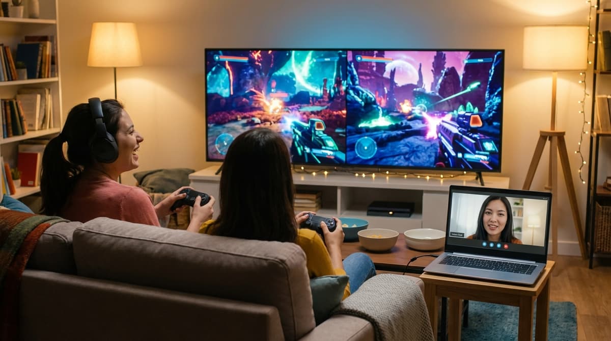 Friends playing local and online co-op together in a shared living room setup.