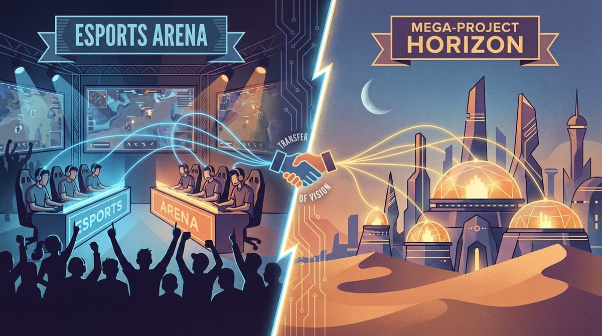 Conceptual illustration of a major esports event intersecting with a large state-backed entertainment project.