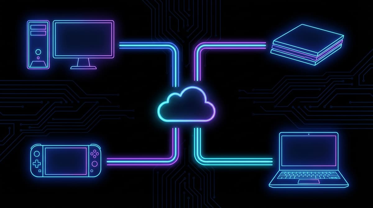 Conceptual diagram of cross-platform connectivity between different gaming systems.