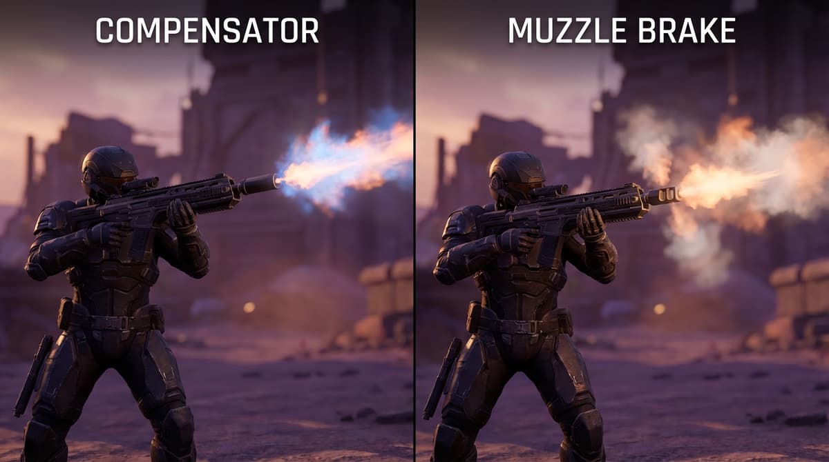 In-game style view of compensator vs muzzle brake performance.