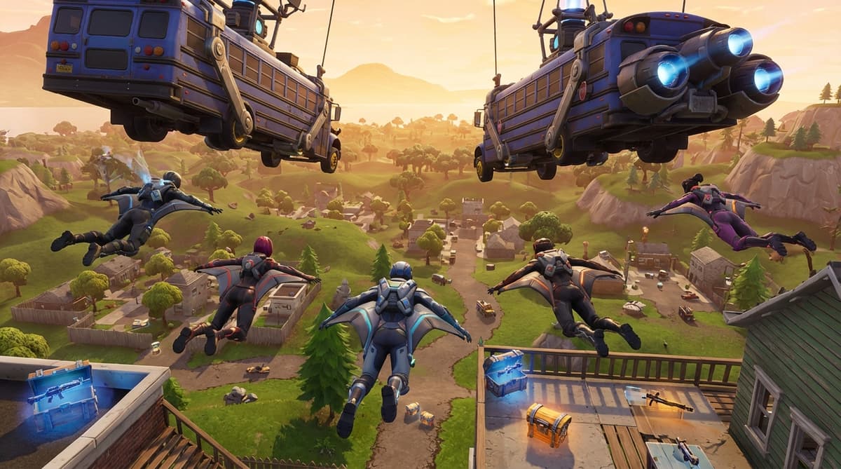 Players choosing landing spots over a Fortnite-style Chapter 6 town.