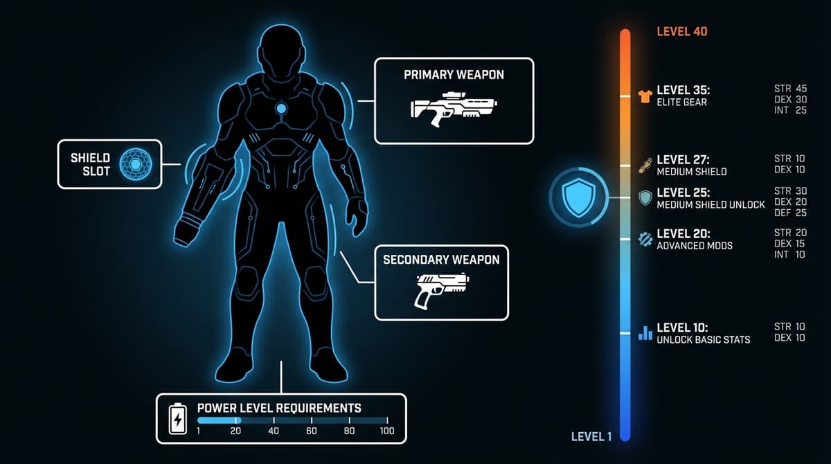 Diagram explaining how level and stat requirements affect shield availability.