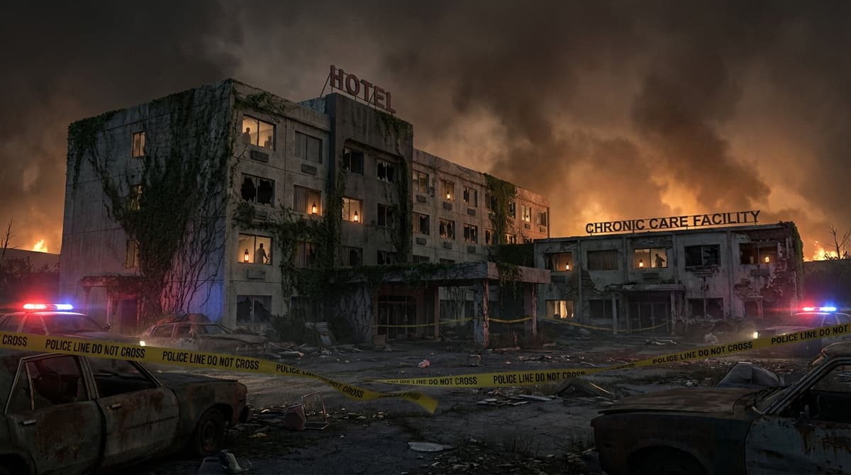 The Wrenwood Hotel and Rhodes Hill Chronic Care Center looming over a ruined cityscape.