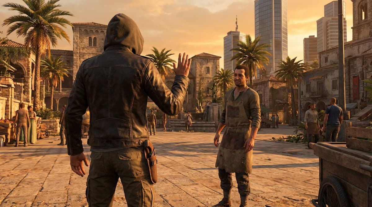 Conceptual illustration of interacting with NPCs in an open-world city.