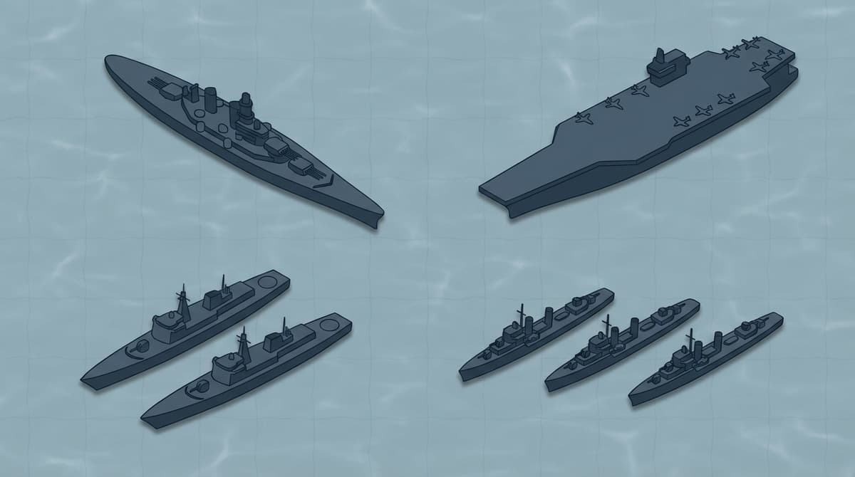 Different classes of large ships compared side by side.