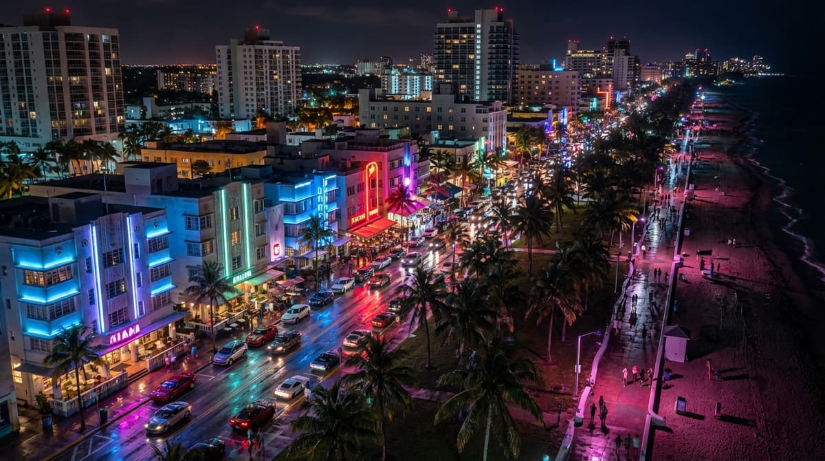 Neon-drenched coastal metropolis serving as the urban core of the fictional map.