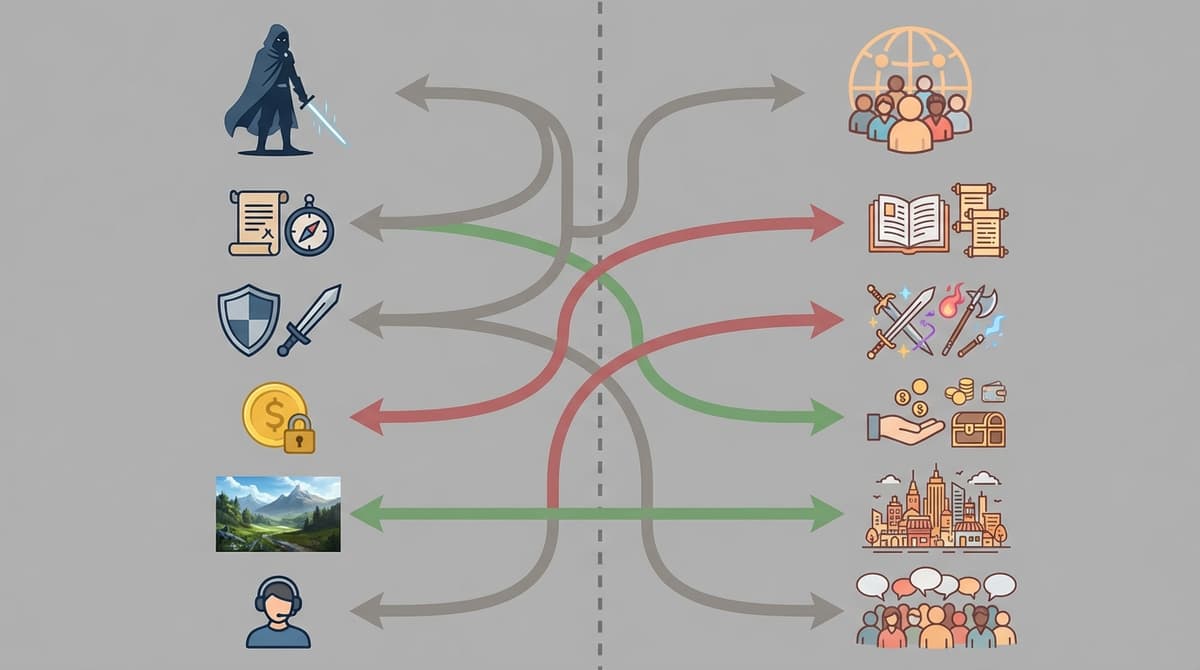 Diagram summarizing key similarities and differences between the two titles in lore, combat, monetization, and audience.