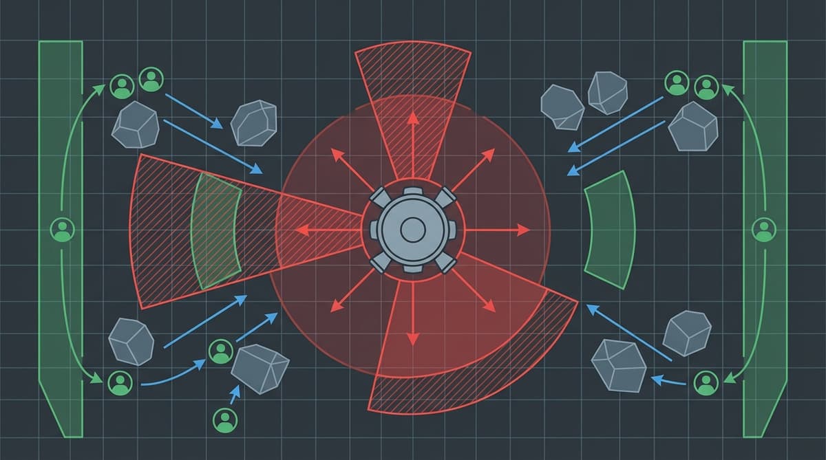 Tactical positions around a powerful robotic enemy.