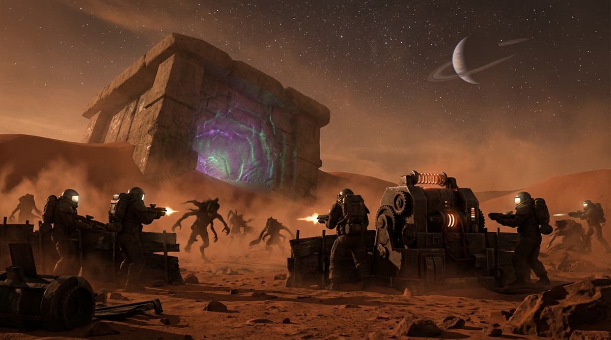 Depiction of the Mars survival map with Pack-a-Punch style upgrade station.