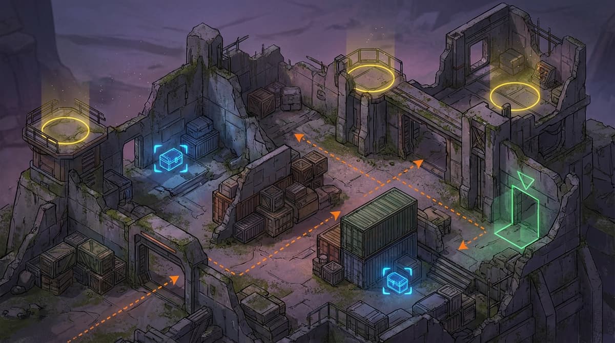 An isometric view of a sci‑fi outpost highlighting typical loot spots and strategic positions.